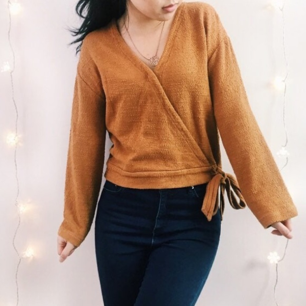 Madewell Texture & Thread Long Sleeve Wrap Top in Cedar size Large
